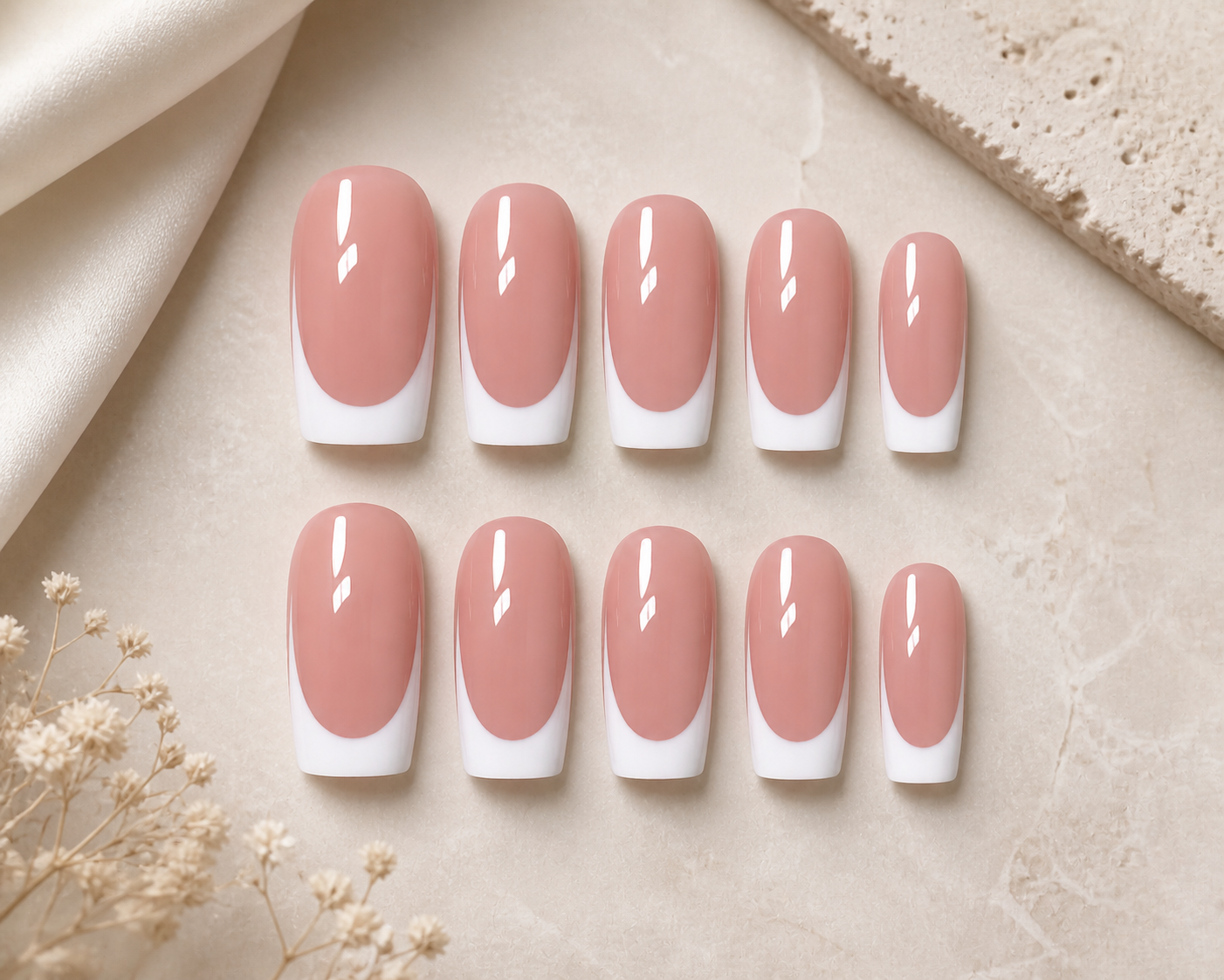 Luxury French Tip Press-On Nails – Glossy Nude Pink | Salon Finish | Square Shape