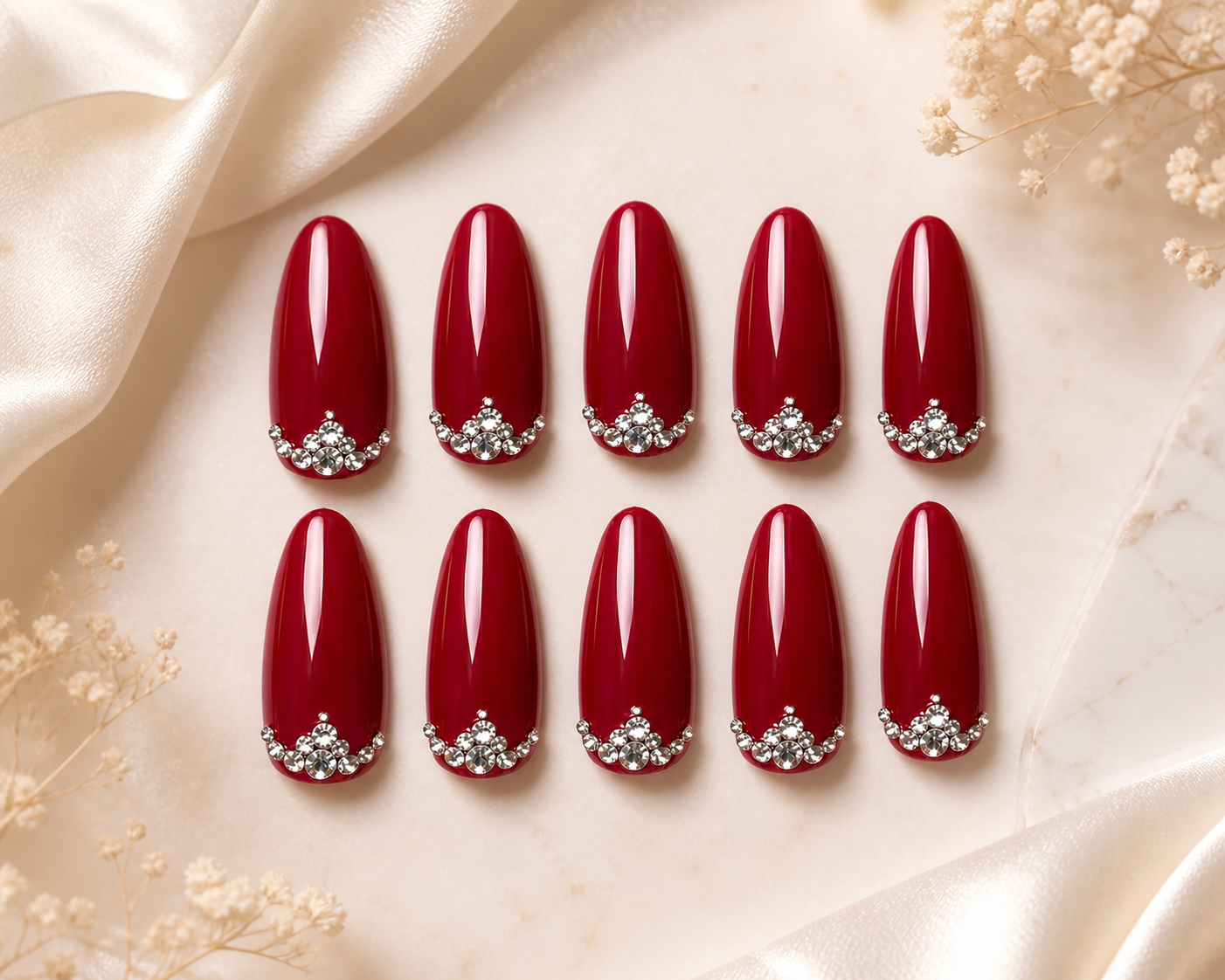 Luxury Bridal Burgundy Press-On Nails with Crystal Accents
