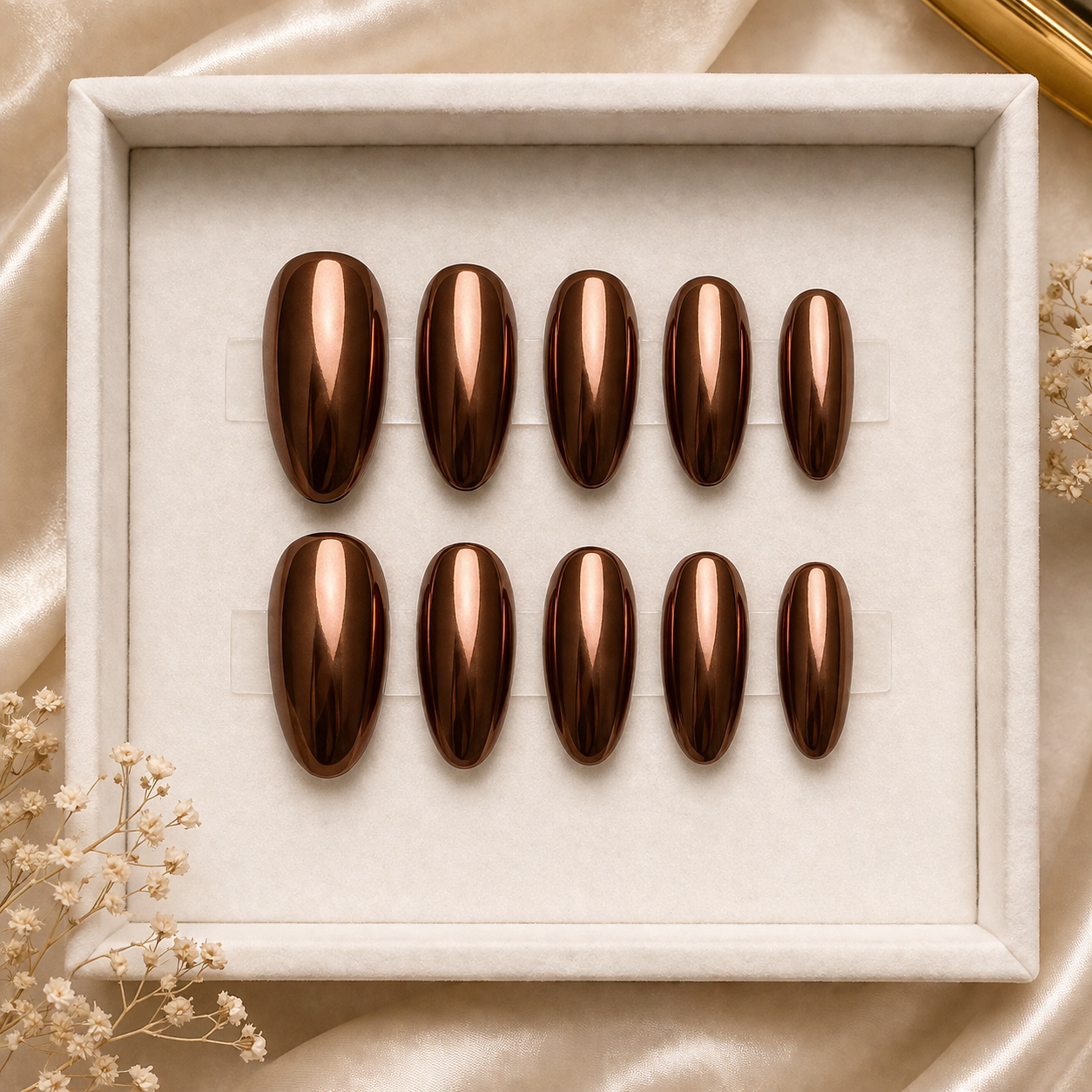 Premium Metallic Copper Chrome Press-On Nails – Glossy Almond Shape Set