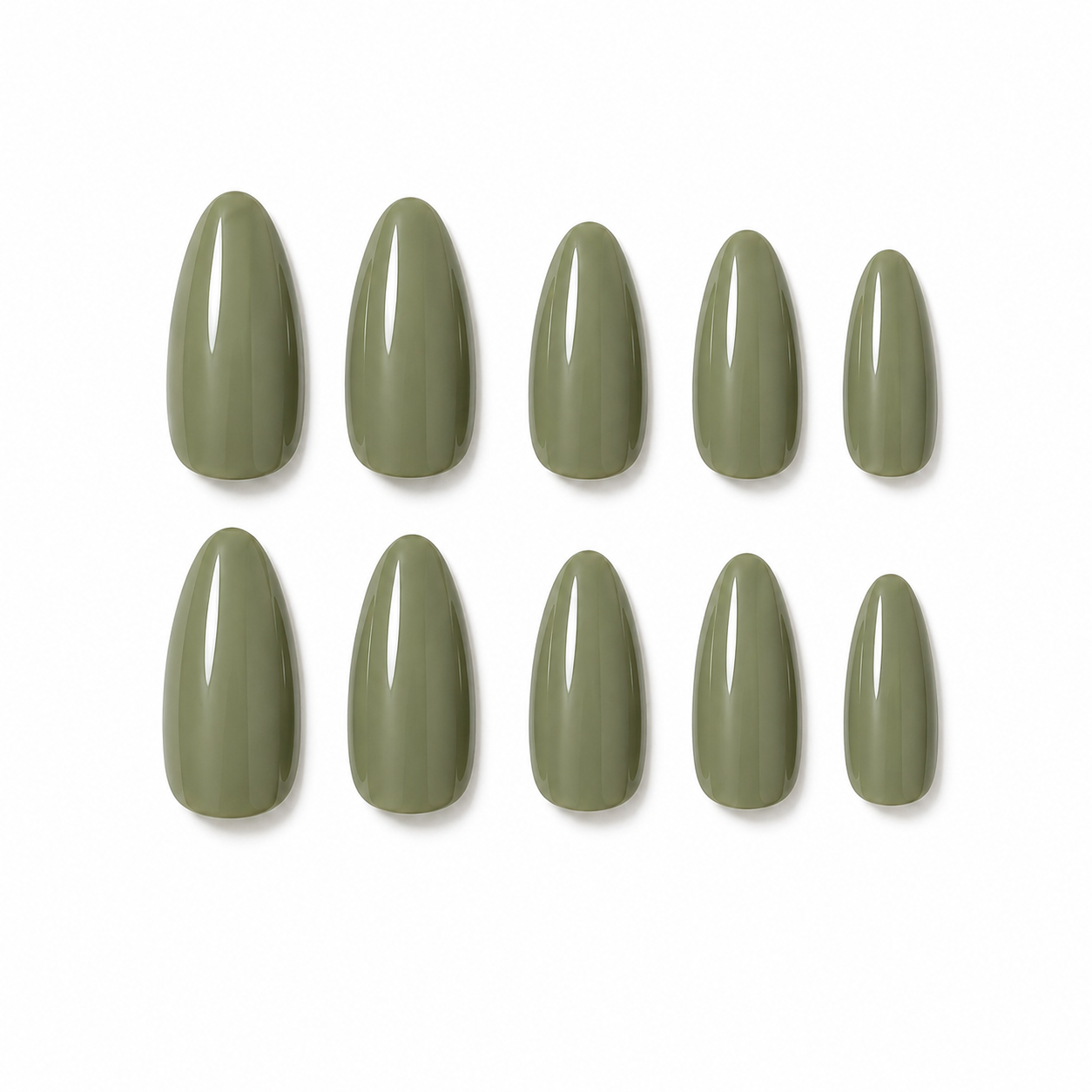 Olive Green Press On Nails Almond Shape | Glossy Reusable Fake Nails | Stick On Nails for Women