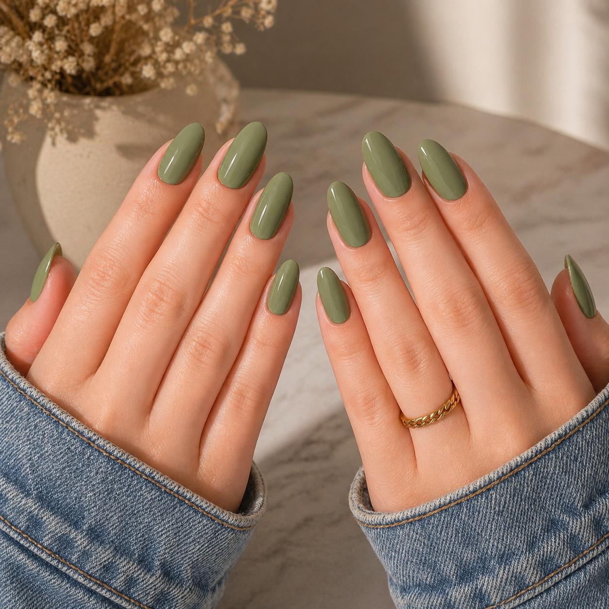 Olive Green Press On Nails Almond Shape | Glossy Reusable Fake Nails | Stick On Nails for Women