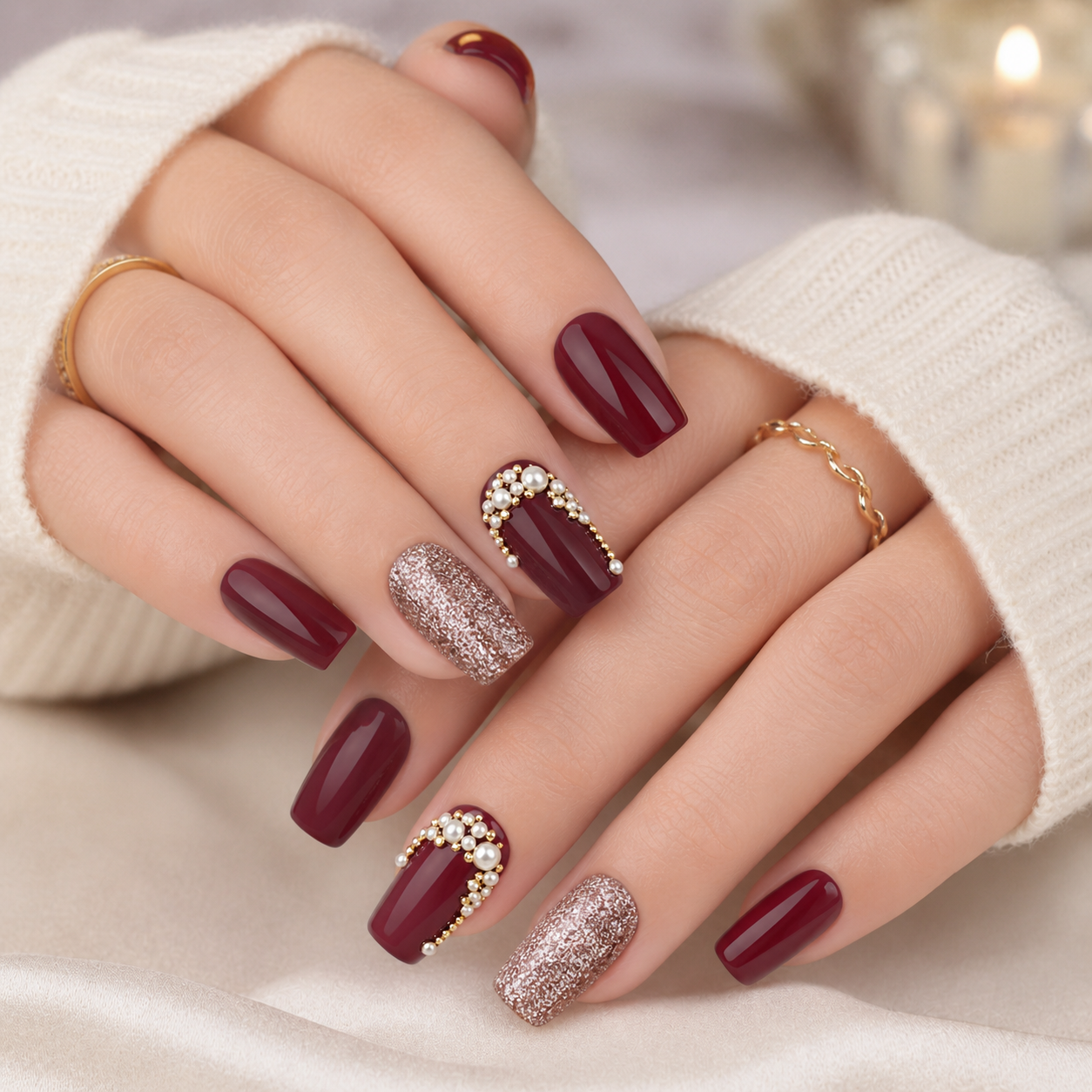 Burgundy Luxe Pearl Press-On Nails
