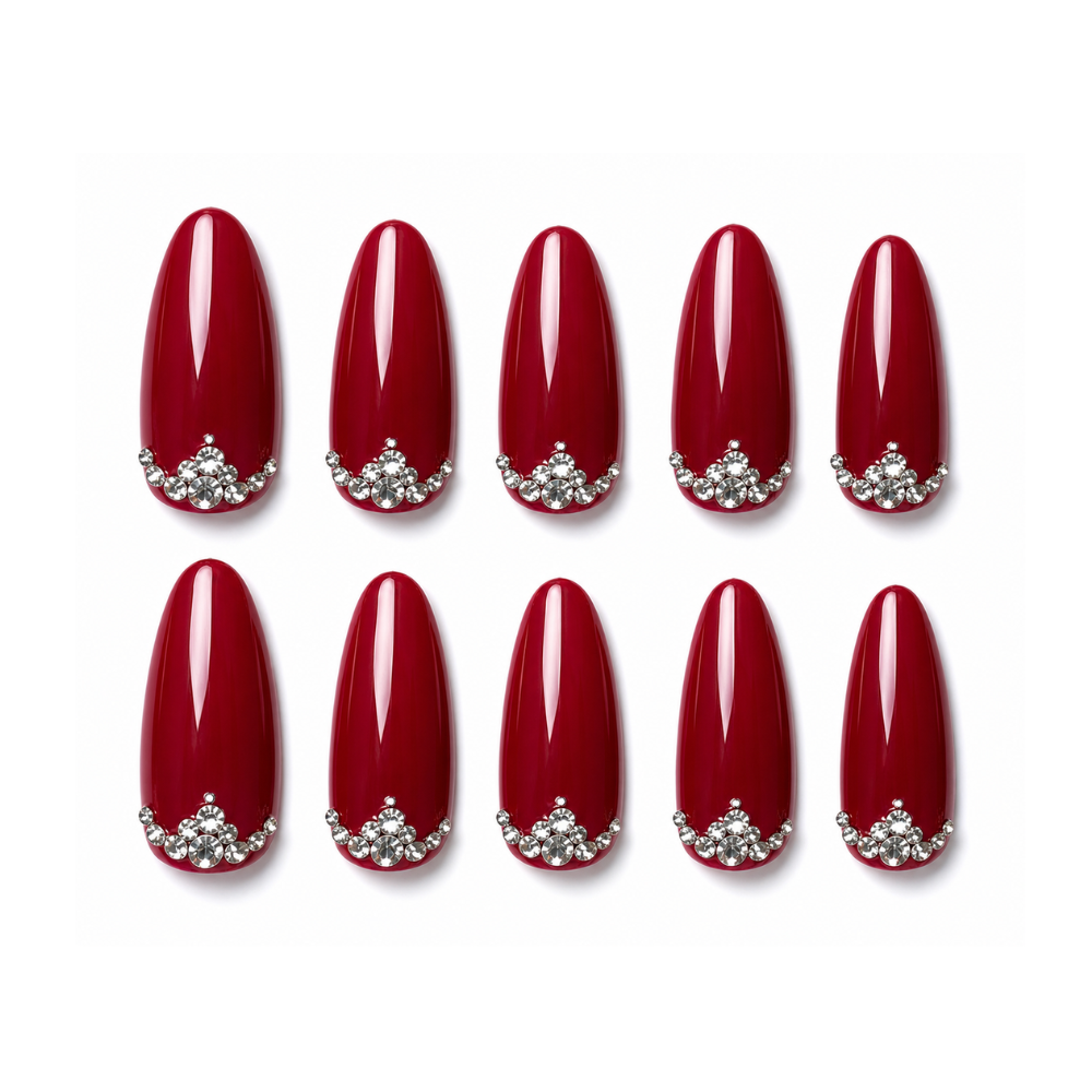 Luxury Bridal Burgundy Press-On Nails with Crystal Accents