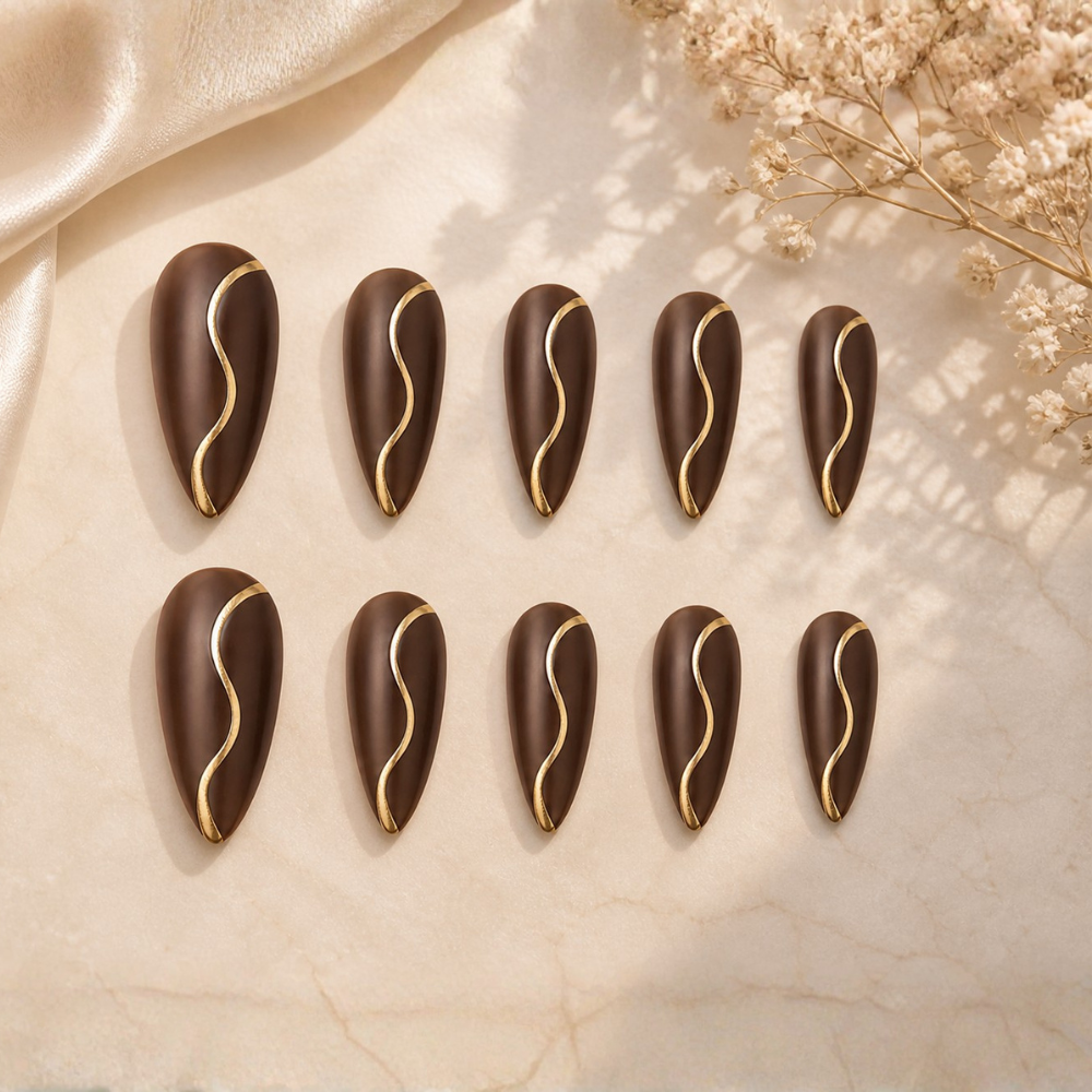 Mocha Luxe Wave Gold Press-On Nails