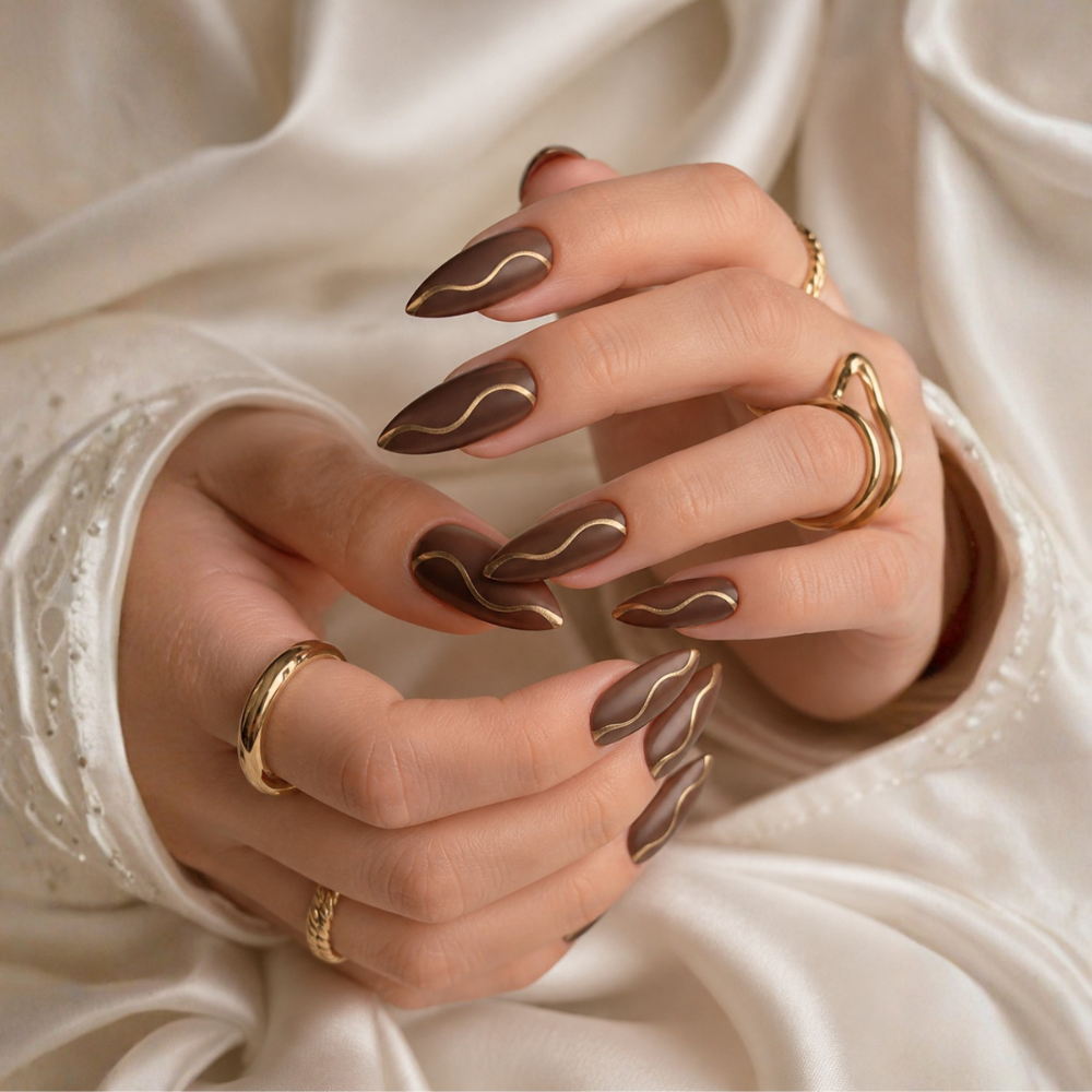 Mocha Luxe Wave Gold Press-On Nails