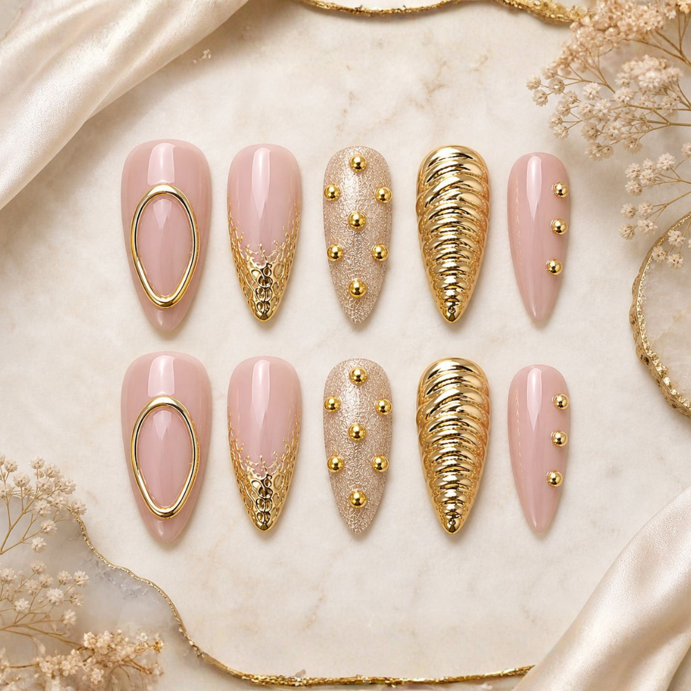 Golden Luxe Nude Elegance – Premium 3D Statement Nails