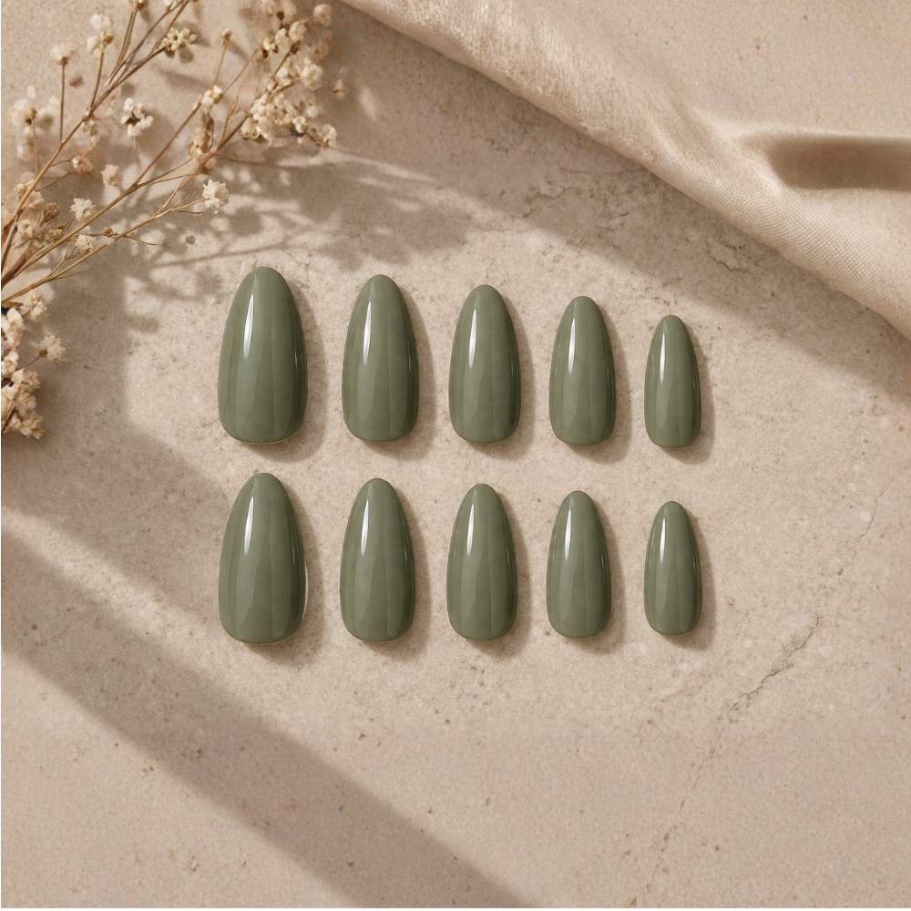 Olive Green Press On Nails Almond Shape | Glossy Reusable Fake Nails | Stick On Nails for Women