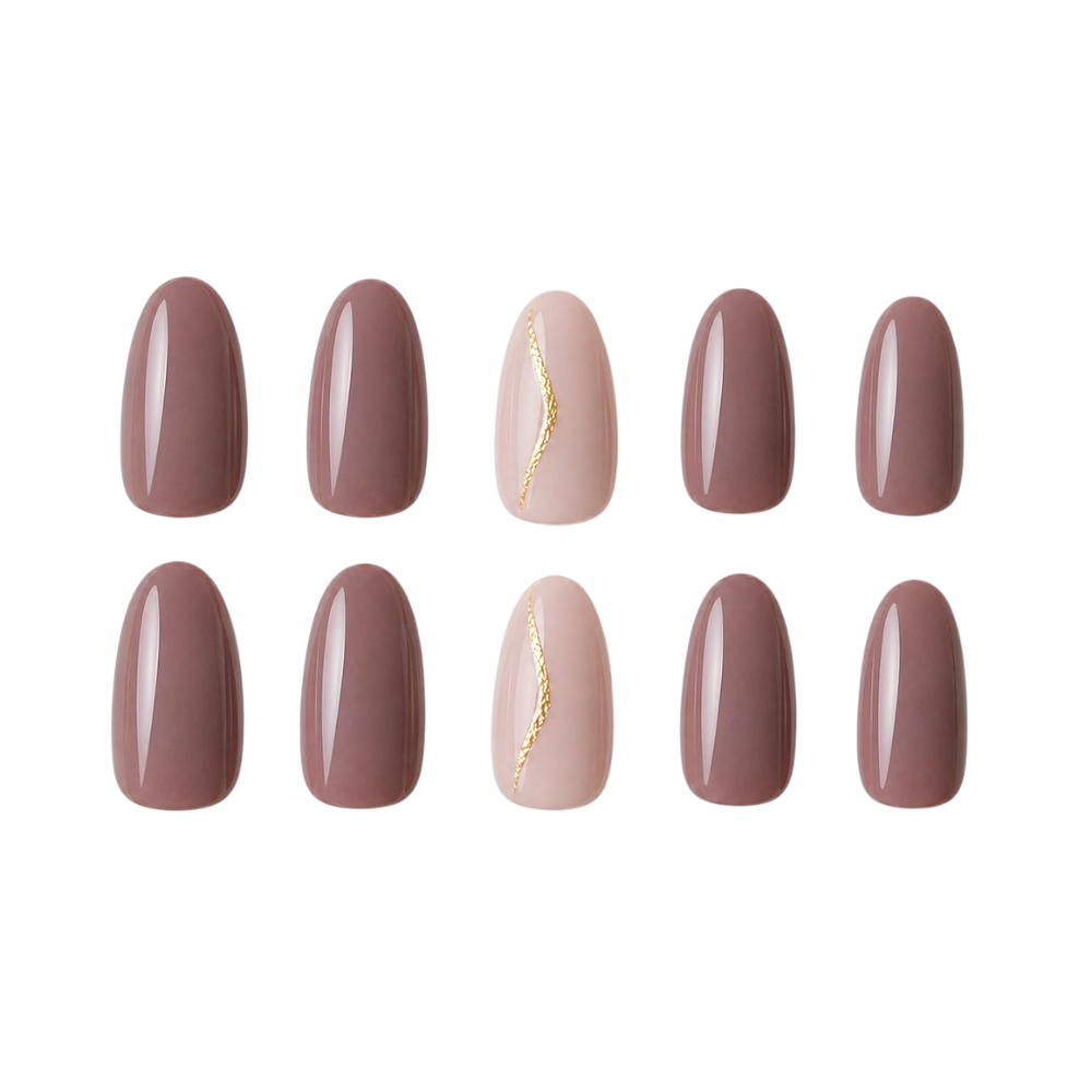 Elegant Nude Mocha Press-On Nails with Gold Accent Line | Glossy Almond Shape | Minimal Luxury Nail Set