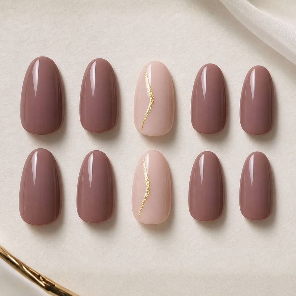 Elegant Nude Mocha Press-On Nails with Gold Accent Line | Glossy Almond Shape | Minimal Luxury Nail Set