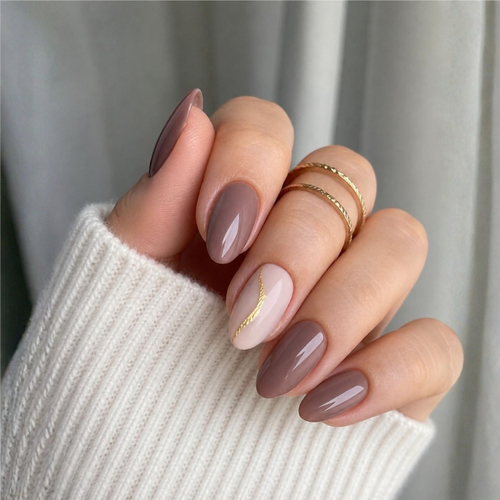 Elegant Nude Mocha Press-On Nails with Gold Accent Line | Glossy Almond Shape | Minimal Luxury Nail Set