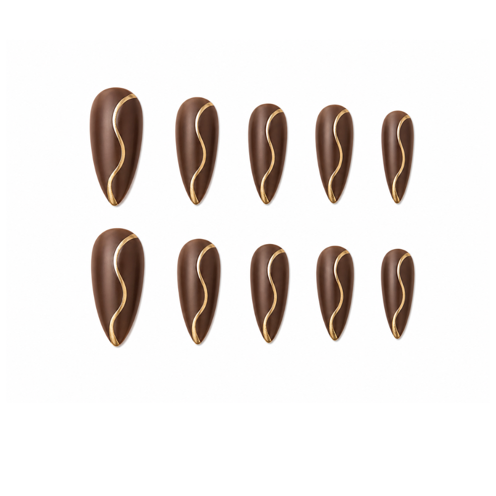 Mocha Luxe Wave Gold Press-On Nails