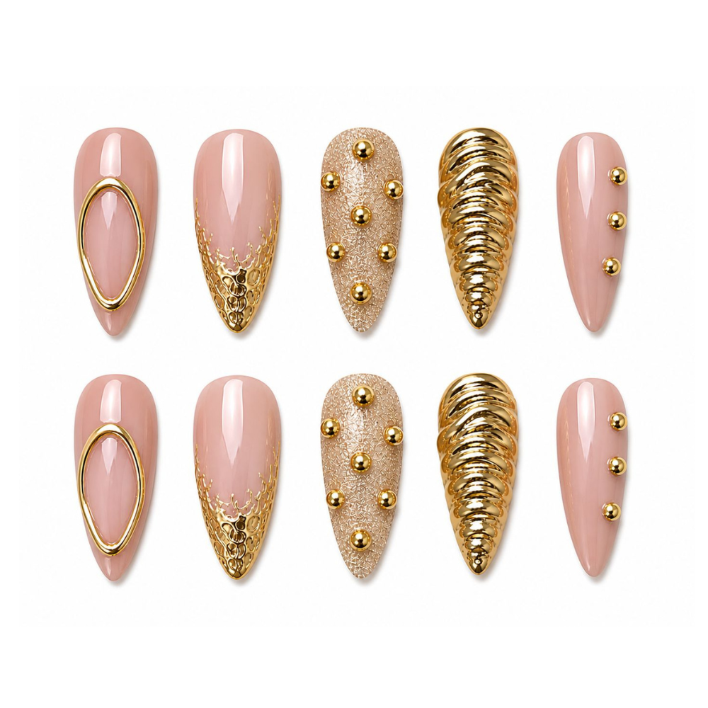 Golden Luxe Nude Elegance – Premium 3D Statement Nails